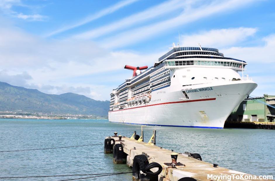 A cruise ship docked in Hawaii.