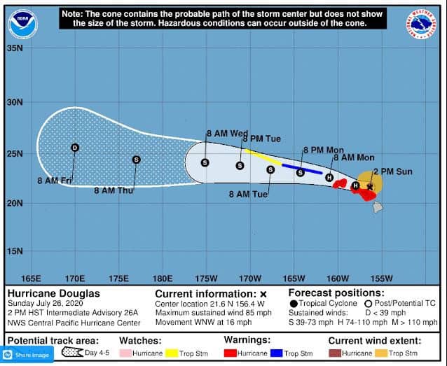 Impact map for 2020 Hurricane Douglas on the Hawaiian Islands.