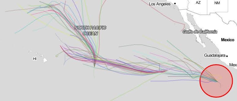 A spaghetti map of some hurricanes in the Pacific Ocean.