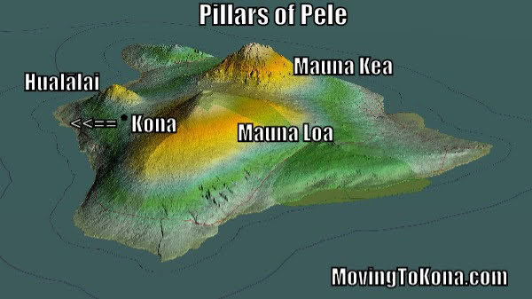 A topographical image of the Big Island showing the Pillars of Pele.