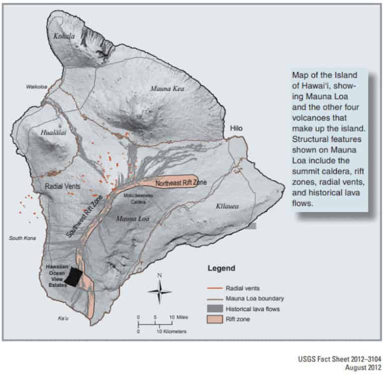 A map of the Big Island of Hawaii with its five volcanoes.